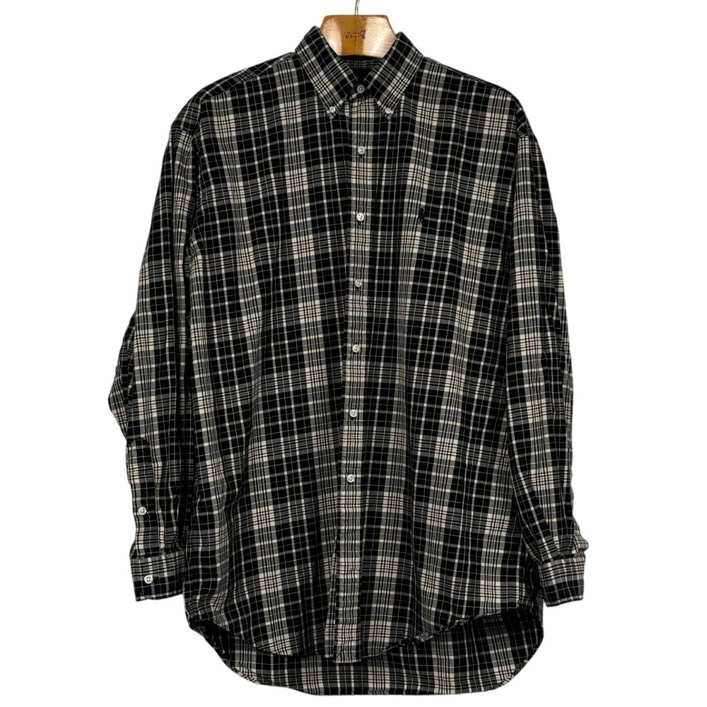 Ralph Lauren Blake Mens Large Black Cream Plaid Button Down Cotton Shirt L